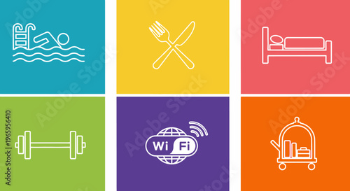 Hotel services icons swimming pool restaurant room gym wi fi and luggage