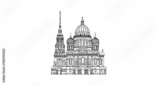 Ornate architectural sketch of a grand building with domes and spire