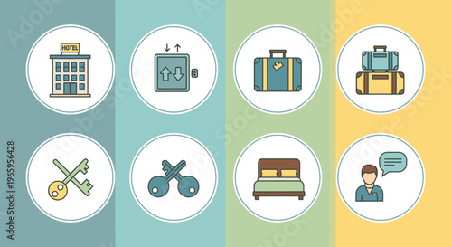 Hotel travel icons set buildings luggage room keys and conversation