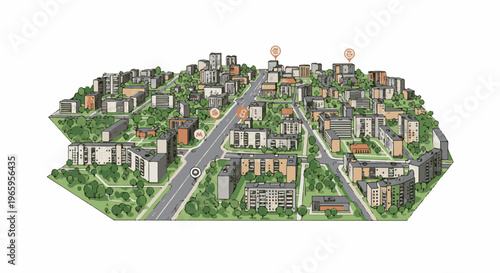 Isometric illustration of a dense residential neighborhood with apartment buildings and trees