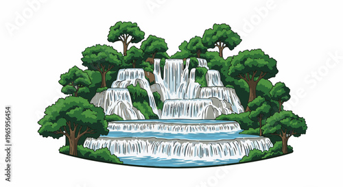Lush green trees surround a cascading multi-tiered waterfall in a vibrant, stylized scene