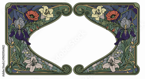 Ornate floral border with irises, lilies, and poppies in a stylized art nouveau design