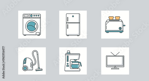Household appliances illustrated collection washing machine fridge toaster vacuum