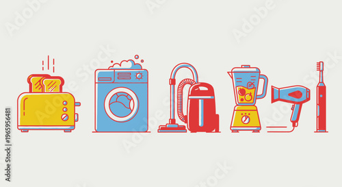 Household appliances illustrated in linear style against neutral backdrop