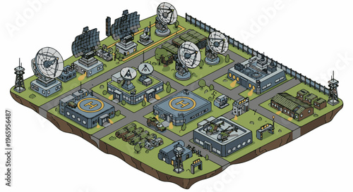 Isometric view of a complex military installation with radar dishes and helipads