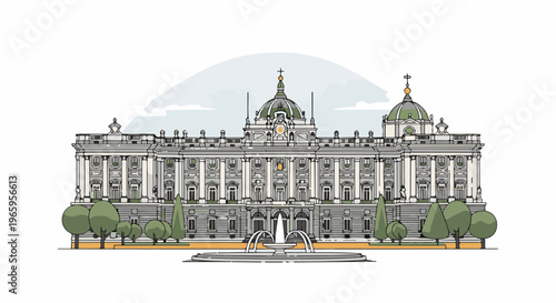 Elegant neoclassical palace with domed roofs and a fountain
