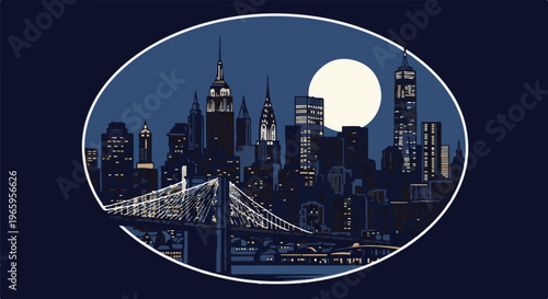 Nighttime city skyline with a bright moon and illuminated bridge