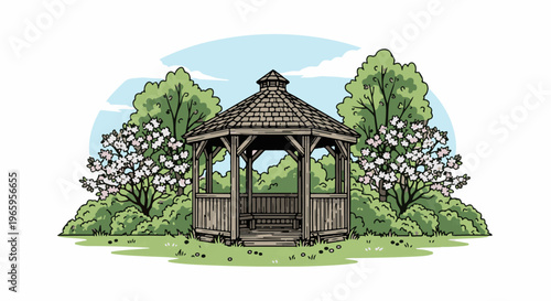 Octagonal wooden gazebo nestled among blooming trees and lush green foliage