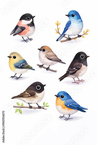 Charming watercolor illustrations of various small birds posed naturally on white background with garden bird with perching bird