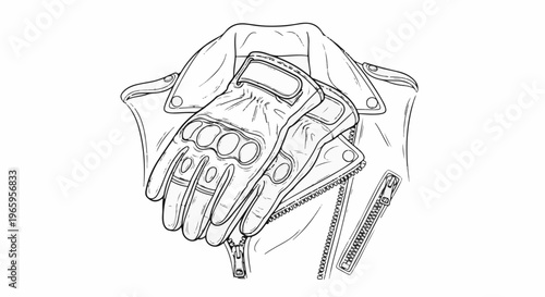 Black and white line drawing of a biker jacket with gloves