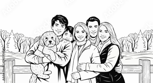 Happy family and dog posing for a winter portrait outdoors