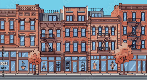 Pixel art street scene of brick buildings with shops and trees