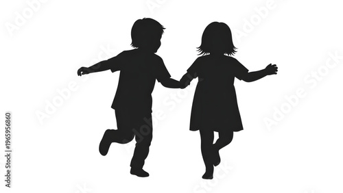 Silhouette of happy children running together holding hands
