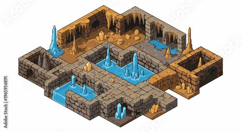 Pixel art isometric dungeon with water pools and crystal formations