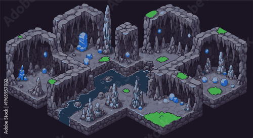 Pixel art isometric cavern with blue orbs, flowing water, and stalactites