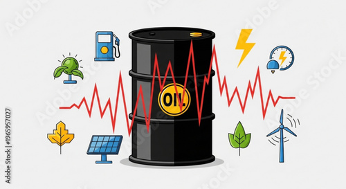 Oil barrel with solar panel wind turbine and gas pump icons around it symbolizing energy transition and crisis
