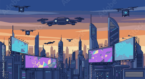 Pixelated futuristic cityscape with drones, billboards, and sleek architecture