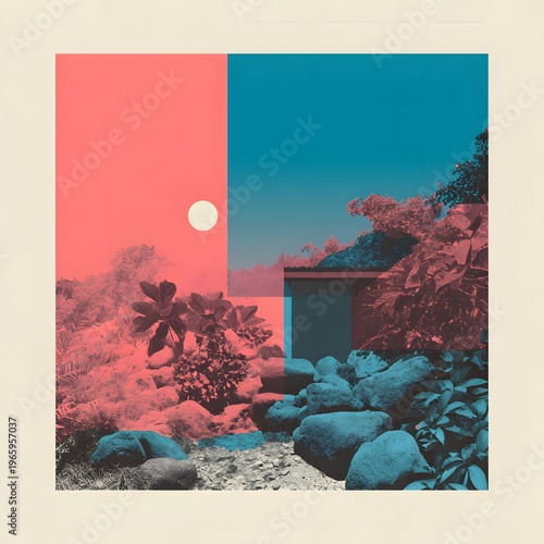 A surreal landscape with a house surrounded by rocks and trees