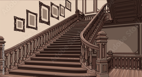 Ornate wooden staircase with framed art, grand interior design