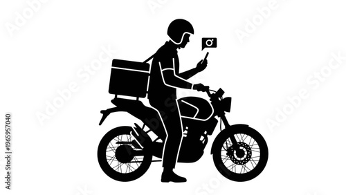 Delivery rider on motorcycle with phone and box on back