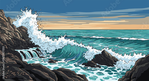 Pixel art depicts a dynamic ocean scene with waves crashing against rocky shores