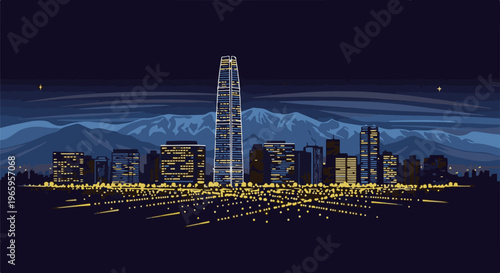 Pixelated nighttime city skyline with distant mountains and a starry sky