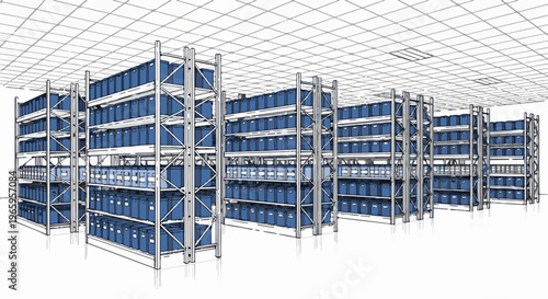 Perspective view of a warehouse with rows of shelving filled with blue bins