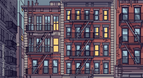 Pixel art depiction of multi-story apartment buildings with fire escapes at dusk