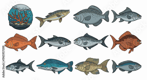 Pixel art collection of various fish species and a small aquarium