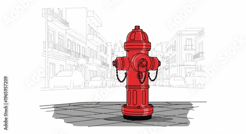 Red fire hydrant stands on a paved sidewalk with buildings and cars sketched behind