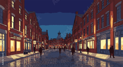 Pixel art of a wet cobblestone street lined with shops at dusk