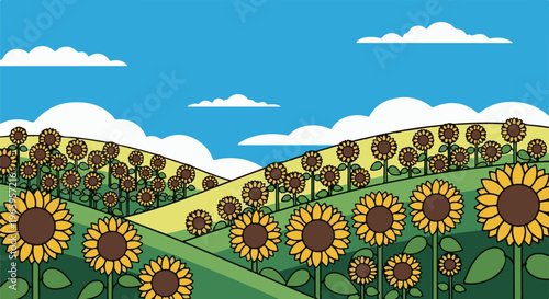 Rolling hills covered in bright yellow sunflowers under a blue sky with clouds