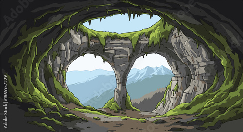 Overlook from mossy cave entrance to distant, hazy mountain ranges