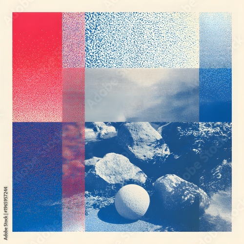 A vibrant abstract artwork featuring a serene beach scene with rocks and a ball