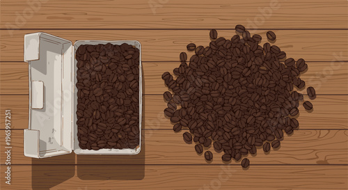 Overhead view of roasted coffee beans in an open tin and scattered on a wooden surface