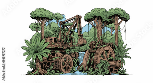 Overgrown machinery in lush jungle with waterfall
