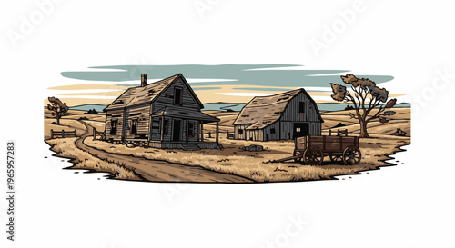 Rural homestead with dilapidated structures under a pale sky