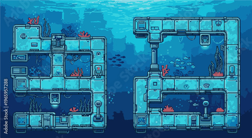 Pixel art underwater scene with blue metallic structures and marine life