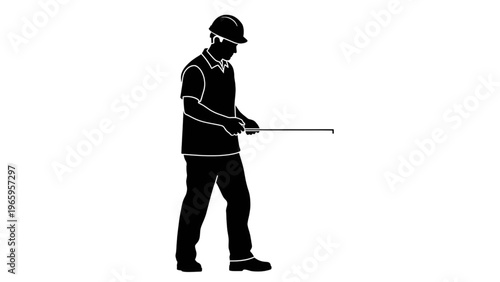 Man in hard hat holding long tool or rod standing on white background