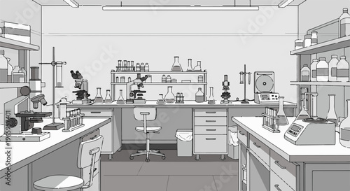 Scientific laboratory interior with microscopes, glassware, and equipment