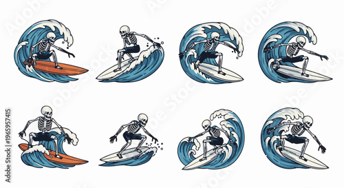 Skeleton surfers ride crashing waves on surfboards, pixel art style