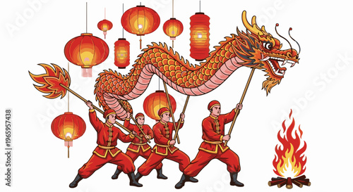 People in red outfits perform a dragon dance under lanterns, with a fire