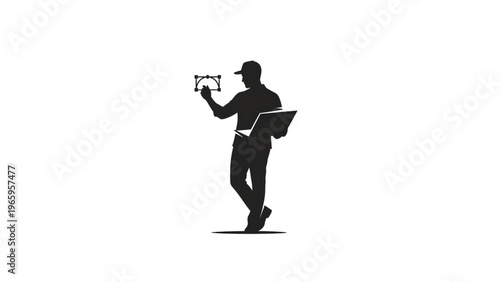 Silhouette of a man holding a drone and a laptop on white background
