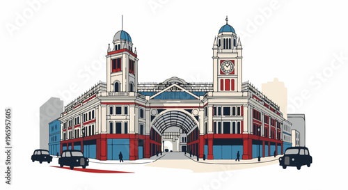 Stylized depiction of a grand building with twin clock towers and an arched walkway