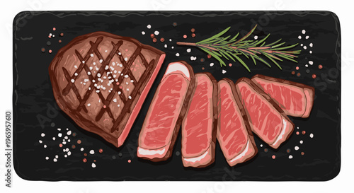 Sliced grilled steak with salt, pepper, and rosemary on a slate board