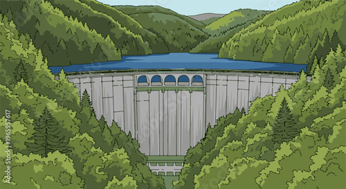 Massive concrete dam impounding blue water amidst lush green forested mountains