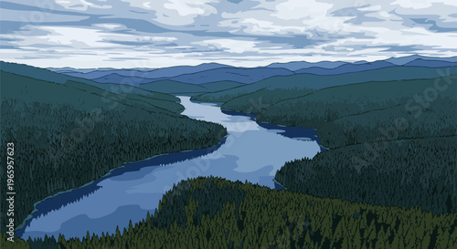 Pixelated serene mountain lake winding through dense green forests under clouds