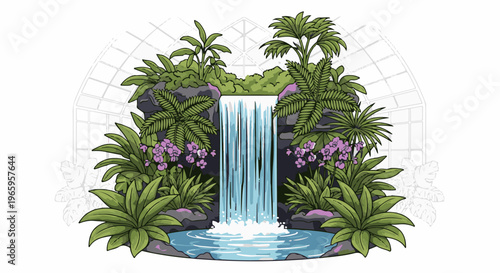 Lush waterfall cascades into a pool surrounded by vibrant flora inside a conservatory