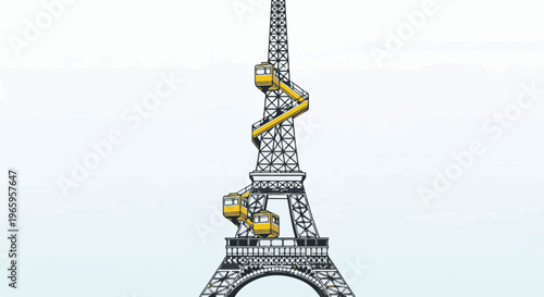 Stylized tower with yellow gondolas ascending a spiral path