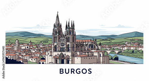 Stylized pixel art cityscape with prominent gothic cathedral, river, bridge, and hills